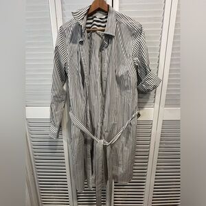 Blue and white striped long sleeve belted shirt dress knee length size 16